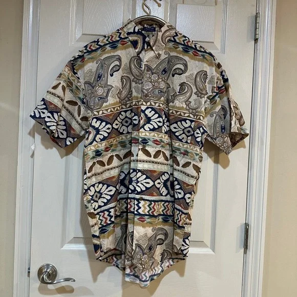 Chaps Ralph Lauren Mens Large Paisley Tribal Print Cotton Button Down Shirt Tan