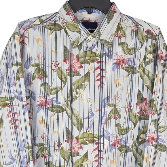Tommy Bahama Mens Button Up Shirt Floral Blue Green Stripe Long Sleeve‎ Medium