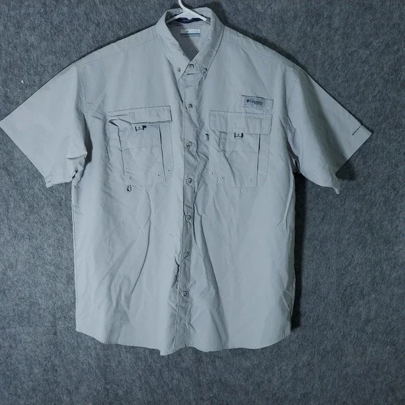 Columbia Men Shirt L Gray Coastal Bahama PFG Short Sleeve Button Down Fishing