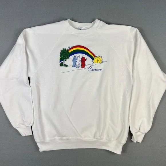 VTG Walk Emmaus De Colores Christian Sweatshirt‎ XL Religious Rainbow Jesus USA