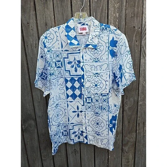 Solid & Striped Linen Shirt Mens Medium Blue White Tile Print Short Sleeve...