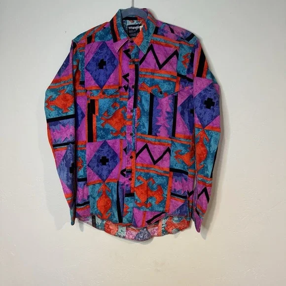 Vintage Wrangler Brushpopper  Aztec Colorful Western 15.5 35 Shirt X-Long Tails