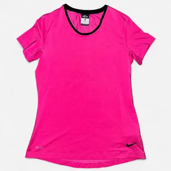 Nike Dri-Fit Short Sleeve Hot Pink and Black Athletic Top with Mesh Back; Size M