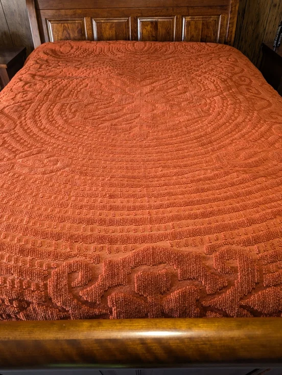 1970s Burnt Orange Chenille Tufted Bedspread Coverlet With Fringe Queen READ