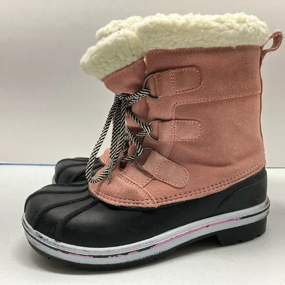 Cat & Jack Girl’s Thermolite Winter Boots, Size 2, Pink/Black, Faux Fur, Lace Up