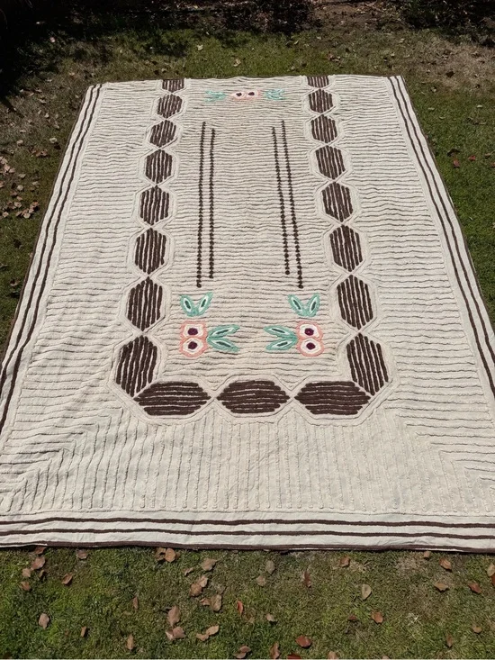 Vintage Tufted Chenille Coverlet Geometric Floral Brown Pink 72x100 GUC