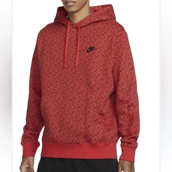 Nike Essentials Red All Over Print Pullover Hoodie Sweatshirt Size Small