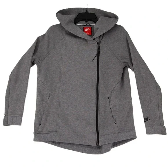 Nike Tech Fleece Jacket Womens Medium Gray Asymmetrical Zip Hoodie Cape Athletic