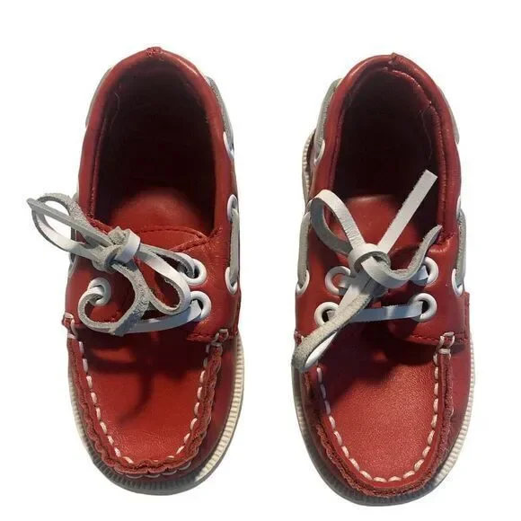 JANIE & JACK BOAT SHOE RED WHITE LEATHER DECK TODDLER BOY‎ 7 PREPPY