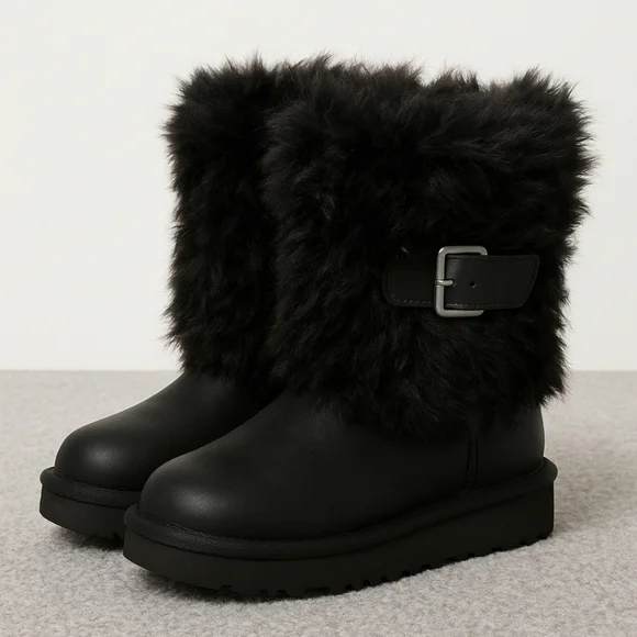 UGG Australia Big Girls Black Leather Ellee Fur Trim Boot 3