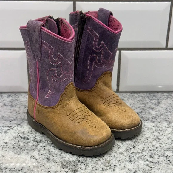 Smoky Mountain‎ Toddler 4 R Cowboy Boots Tan Purple Pink Zip Western Cowgirl