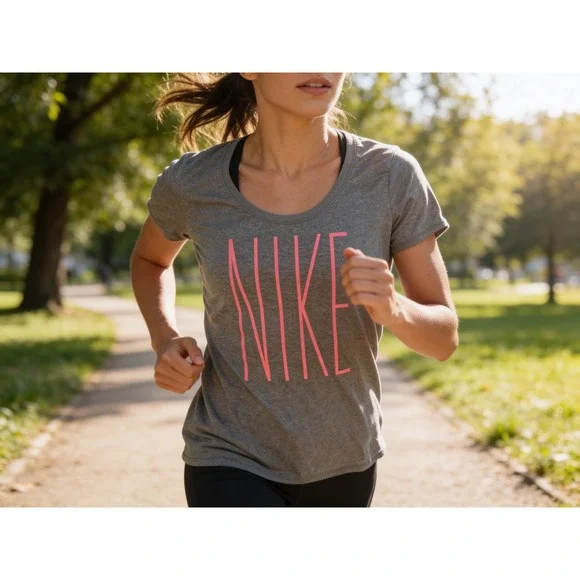 Nike Dri-FIT‎ Womens XL Gray Pink Graphic Logo Scoop Neck Short Sleeve T-Shirt