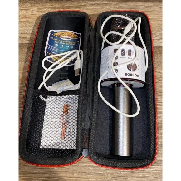 Bonaok Wireless Bluetooth Karaoke Microphone Black and White with Case
