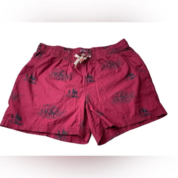 Prana oraganic cotton bear and pines print red and black shorts size S