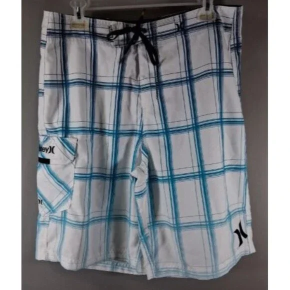 Hurley Men’s Plaid Board Shorts - Size 33 White & Blue