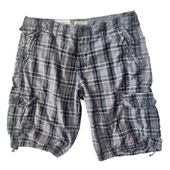 VTG 555 Soul Essentials-Gray Plaid Mens Cargo Shorts-Cinch Leg/Waist-Thrashed 36