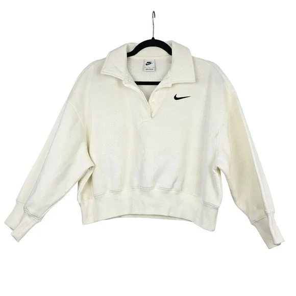 Nike Women's Phoenix Fleece Polo Sweatshirt Sail White Cropped Oversized Medium‎
