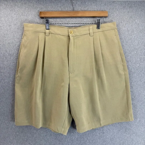Tommy Bahama Relax 100%  Silk Pleated Golf Shorts Khaki‎ Beige Mens Size 38 x 9
