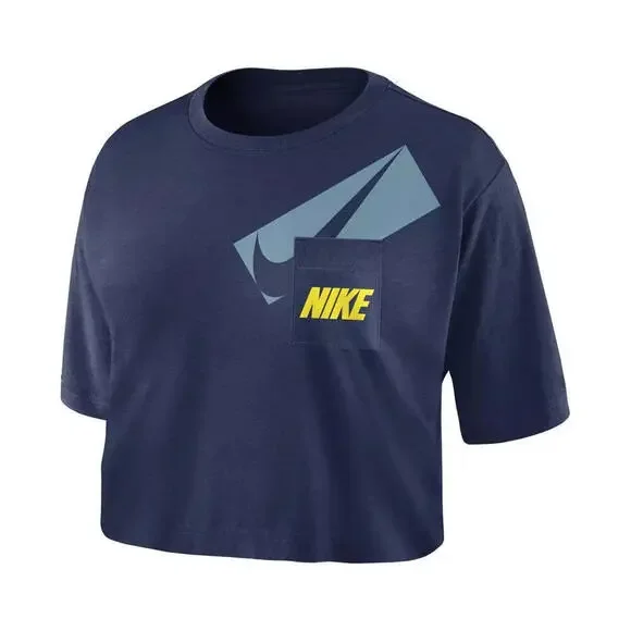 New Nike Women's Navy  Pocketed Cropped Logo Graphic Short Sleeve Top, Size - XL