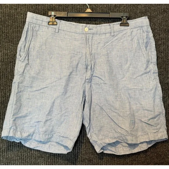 Peter Millar Shorts Mens 36 Chino Blue White Micro Check Linen Blend Flat Front