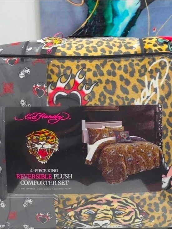 Ed Hardy KING 4 Piece Leopard Tiger Reversible Plush Comforter Set New
