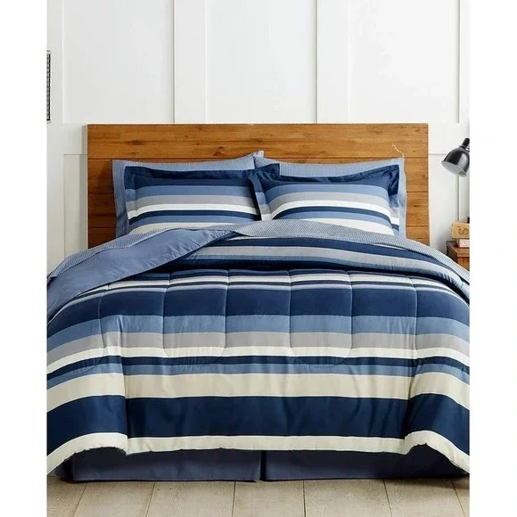 Fairfield Square King 8 Piece Reversible Bed Ensemble Blue Stripe Comforter Set