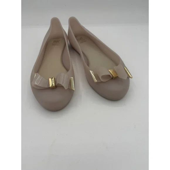 Mel by Melissa Women Blush Pink Jelly Ballet Flats Bow Gold Hardware Size 3 USA‎