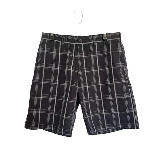 PGA TOUR Mens Plaid Golf Shorts Flat Front Sz 32 Black White Polyester