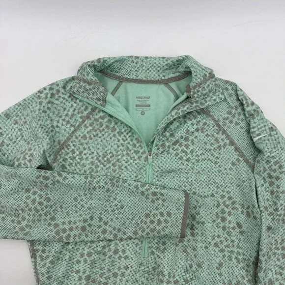 Nike‎ Pro Womens Mint Green Geometric Dot Quarter Zip Pullover Thumbholes Size M