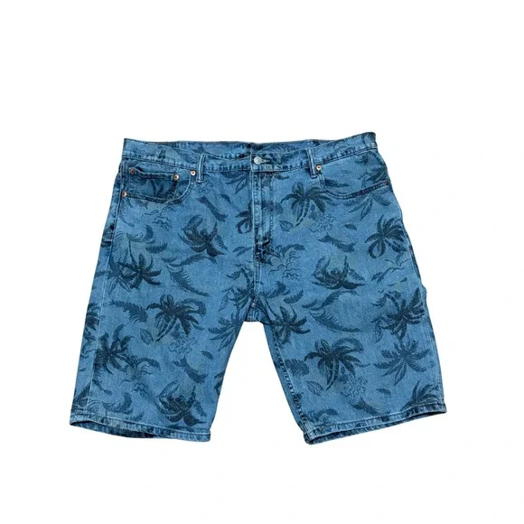Levis 502 Regular Taper Denim Shorts Mens 40‎ Blue Tropical Palm Tree Print Jean