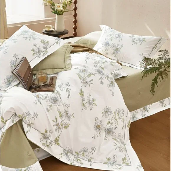 Floral Comforter Set Blue Green‎ Cream Cottagecore Farmhouse Spring Botanical