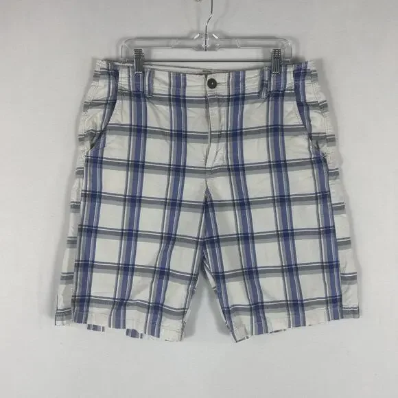 American Eagle Classic Longboard Shorts Mens 33 White Blue Plaid Flat Front AEO