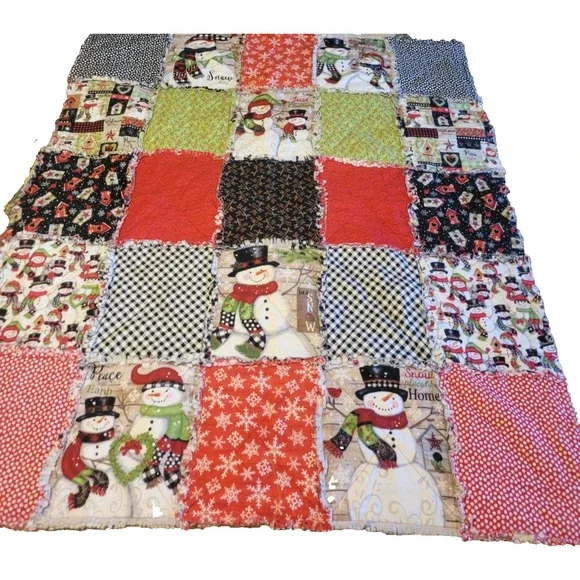 Handmade Snowman Rag Quilt Throw Farmhouse Christmas Holiday Blanket 43 x 48 in‎