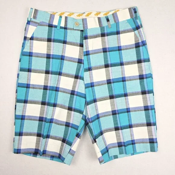 Loudmouth Men's Golf Shorts Sz 34 Plaid Blue Teal‎ Black 100% Cotton Preppy Bold