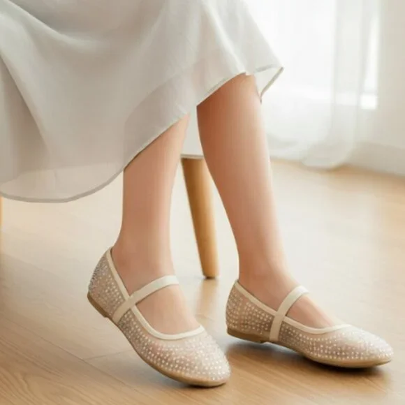 Girls Art Class Faye Mesh Ballet Flats Beige Rhinestones Size 1 Dress Shoes