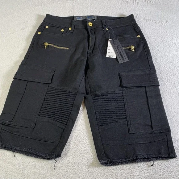 Blue Stitch Cargo‎ Shorts Mens 32 Black Moto Biker Denim Stretch 14