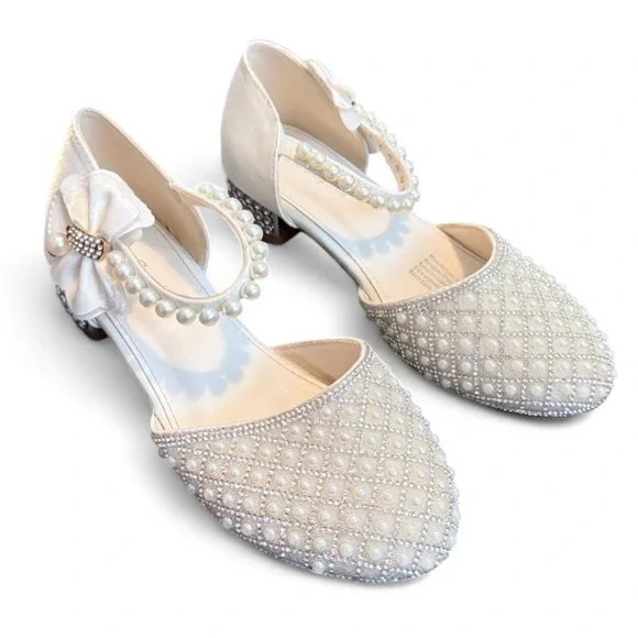 Girl Size 36 Ivory‎ White pearl embellished kitten heels wedding flower girl