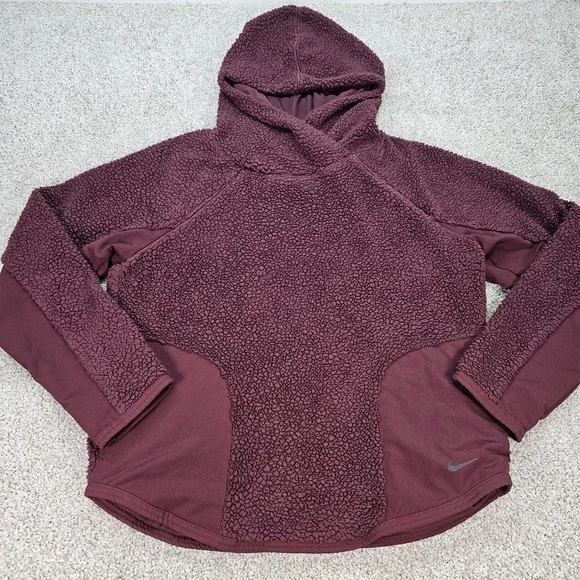 Nike Sherpa Fleece Hoodie Pullover‎ Burgundy Athletic Activewear Womens Sz Small