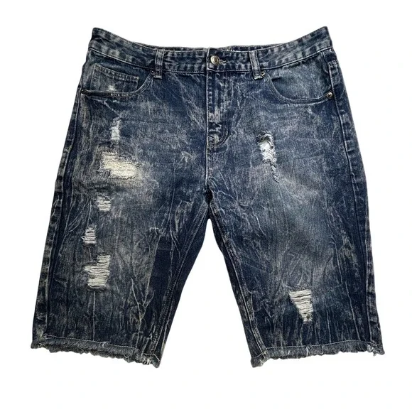 Carbon Denim Shorts MENS 36 Blue Acid Wash Relaxed Fit Distressed Ripped Raw Hem