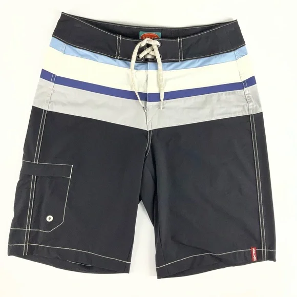 Tommy Bahama Relax Black Blue White Striped Hybrid Board Shorts Mens Size 32