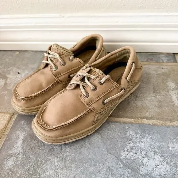 Sperry Billfish Boat Shoes Boys Size 1 Tan Leather Lace Up Slip On
