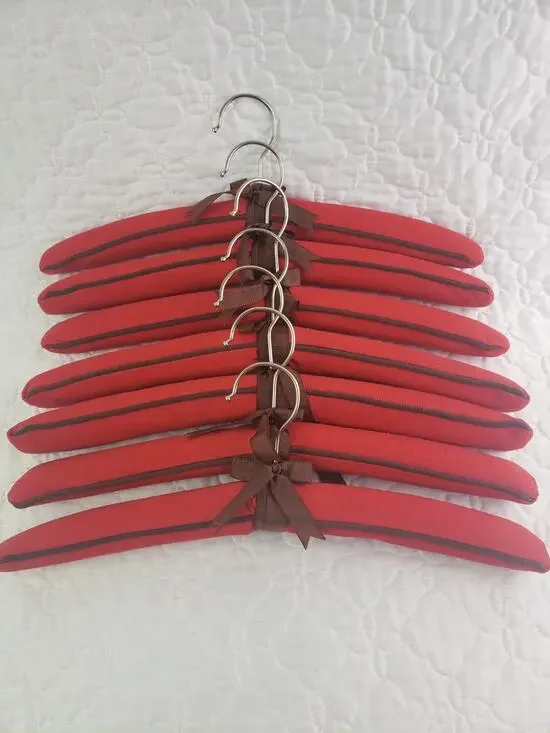 Vintage Padded Hangers Red & Brown Trim Fabric Closet Decor from Hecht's Set 7