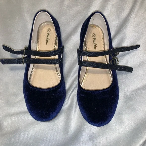 Mini Boden Midnight Blue Velvet Mary Jane’s Dress Shoes size 33 1.5 Christmas