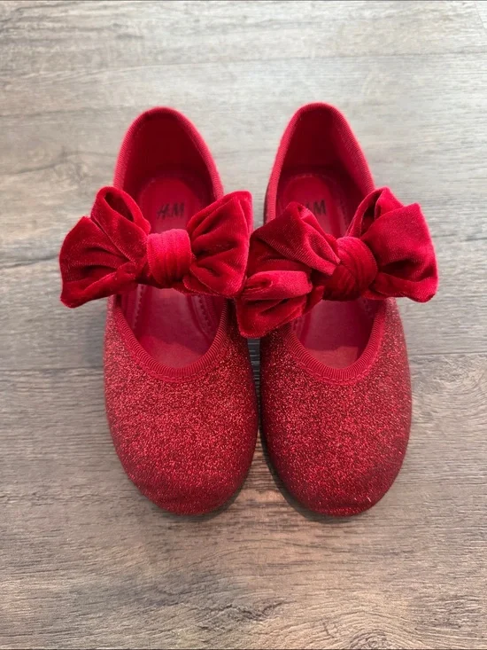 H&M Toddler 11 Red Glitter Velvet Bow Ballet Flats