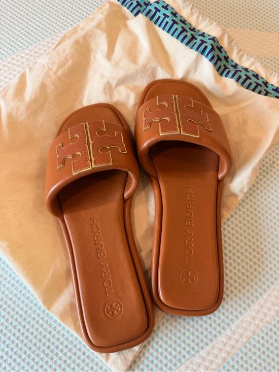 Tory Burch Tan Leather Logo Slide Sandals