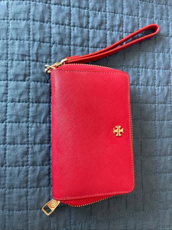 Tory Burch Red Leather Zip Wristlet Wallet