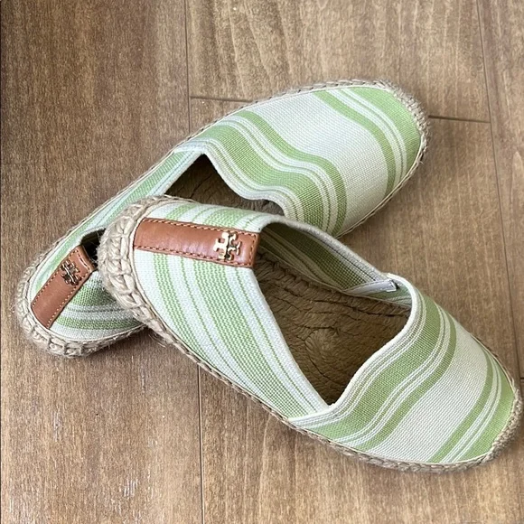 Tory Burch Green Beige Striped Espadrille‎ Flats Shoes Size 7