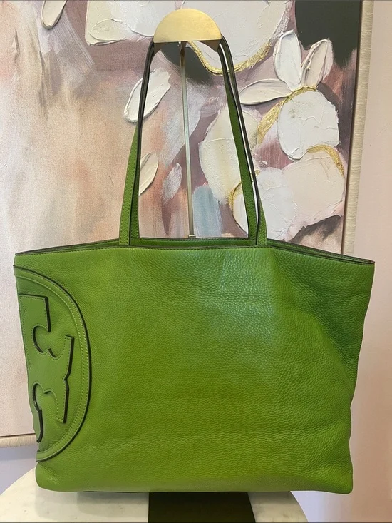 Tory Burch Green Leather Tote with Logo Accent