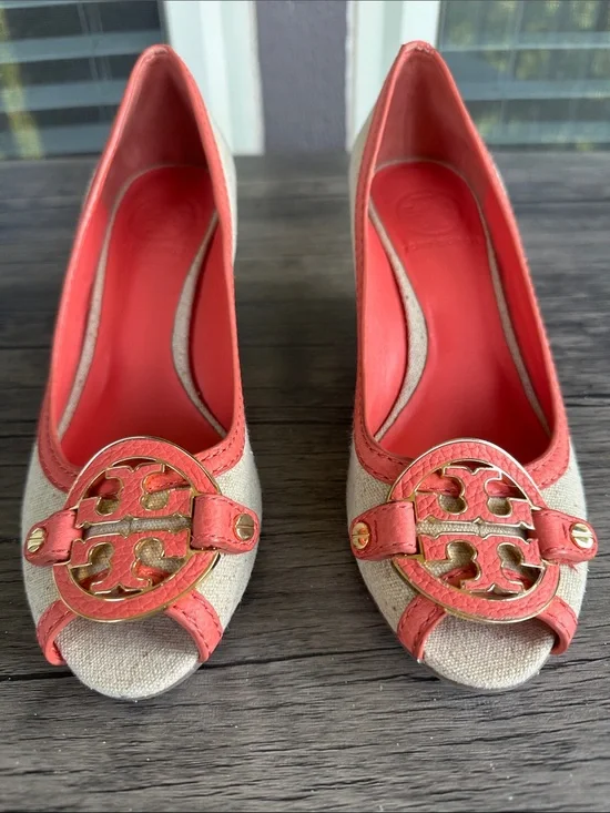 Tory Burch Coral-Trim Peep-Toe Wedges with Gold Logo