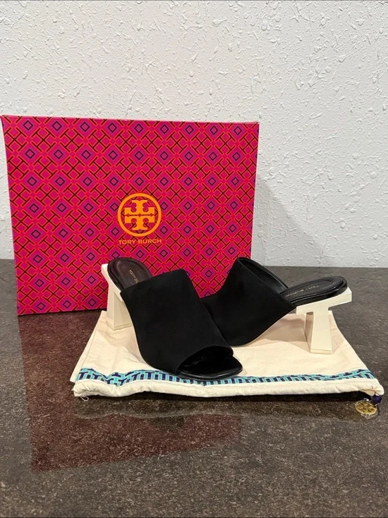 Tory Burch Black Suede Open-Toe Block Heel Mules Sandal Size 6